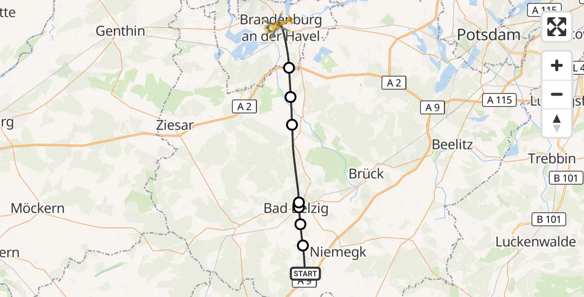 Flugroute Rettungshubschrauber Rabenstein/Fläming - Brandenburg an der Havel, 15 Oktober 2026, 08:32