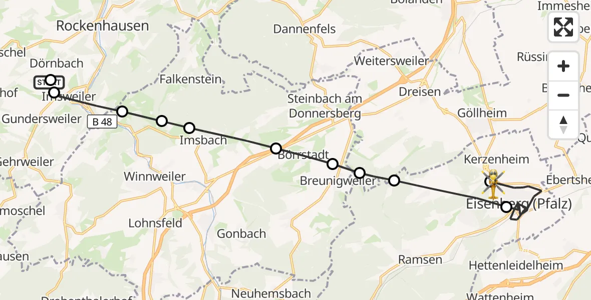 Flugroute Rettungshubschrauber Rockenhausen - Kerzenheim, 15 Oktober 2026, 08:37