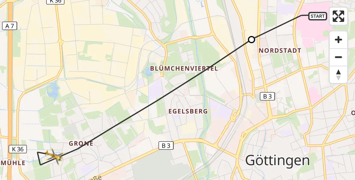 Flugroute Rettungshubschrauber Göttingen University Clinic Hubschrauberlandeplatz - Göttingen, 15 Oktober 2026, 08:40