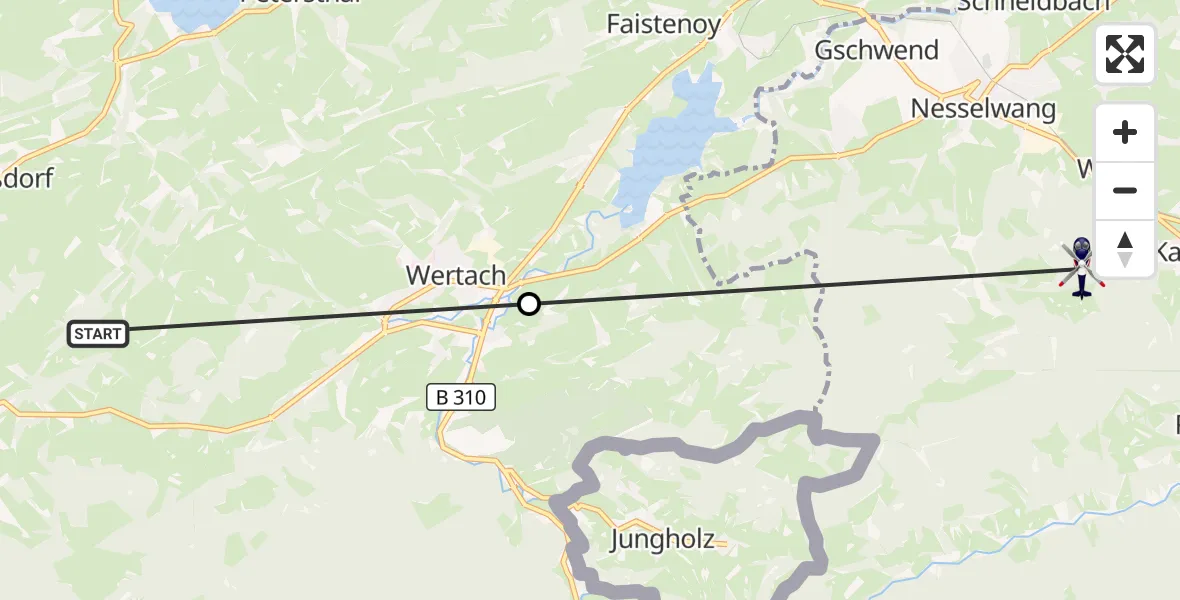 Flugroute Polizeihubschrauber Rettenberg - Nesselwang, 15 Oktober 2026, 08:40