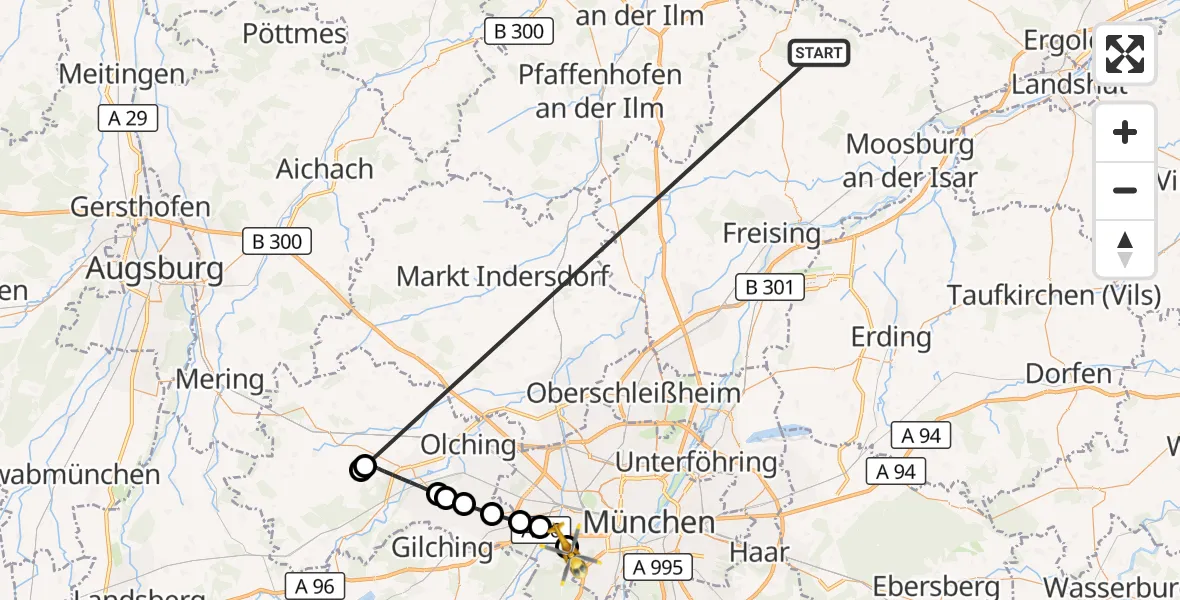 Flugroute Rettungshubschrauber Rudelzhausen - DRF Air Rescue München Hubschrauberlandeplatz, 15 Oktober 2026, 08:51