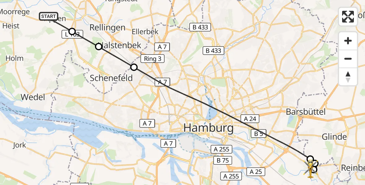 Flugroute Rettungshubschrauber Appen - Christoph Hansa ADAC Hubschrauberlandeplatz, 15 Oktober 2026, 08:54