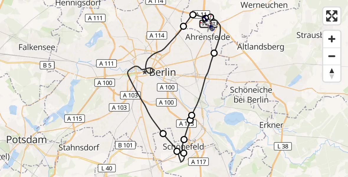 Flugroute Polizeihubschrauber Ahrensfelde Hubschrauberlandeplatz - Ahrensfelde Hubschrauberlandeplatz, 15 Oktober 2026, 08:55