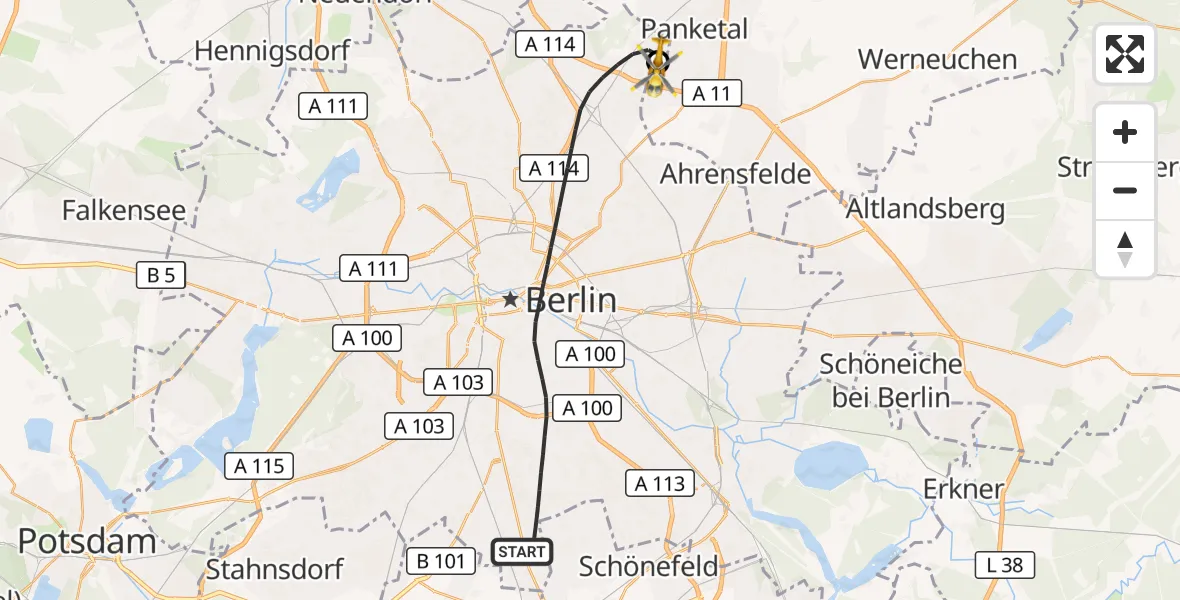 Flugroute Rettungshubschrauber Berlin - Helios Clinic Berlin-Buch, 15 Oktober 2026, 08:55