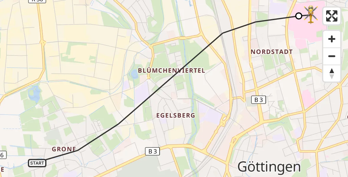 Flugroute Rettungshubschrauber Göttingen - Göttingen University Clinic Hubschrauberlandeplatz, 15 Oktober 2026, 09:05