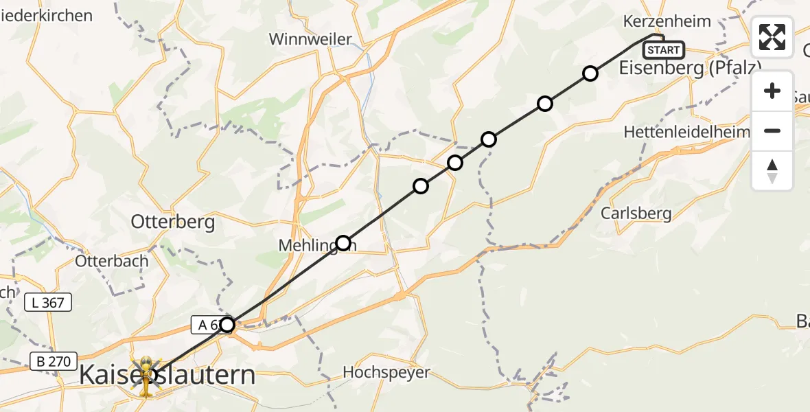 Flugroute Rettungshubschrauber Kerzenheim - Westpfalz Hospital Kaiserslautern, 15 Oktober 2026, 09:10
