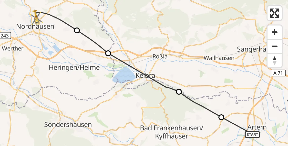 Flugroute Rettungshubschrauber Artern - Südharz Hospital Nordhausen, 15 Oktober 2026, 09:12
