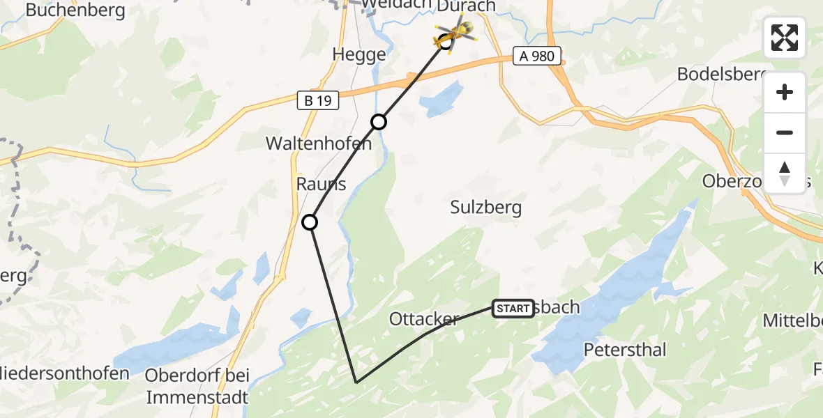 Flugroute Rettungshubschrauber Sulzberg - Kempten-Durach Flugplatz, 15 Oktober 2026, 09:14