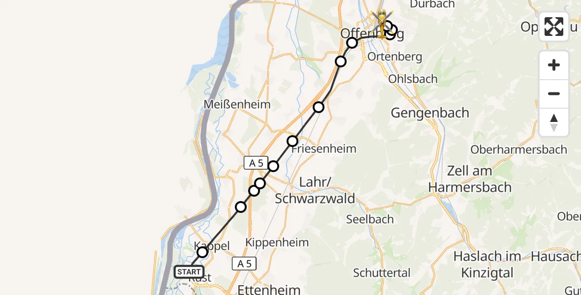 Flugroute Rettungshubschrauber Rust - Offenburg, 15 Oktober 2026, 09:15