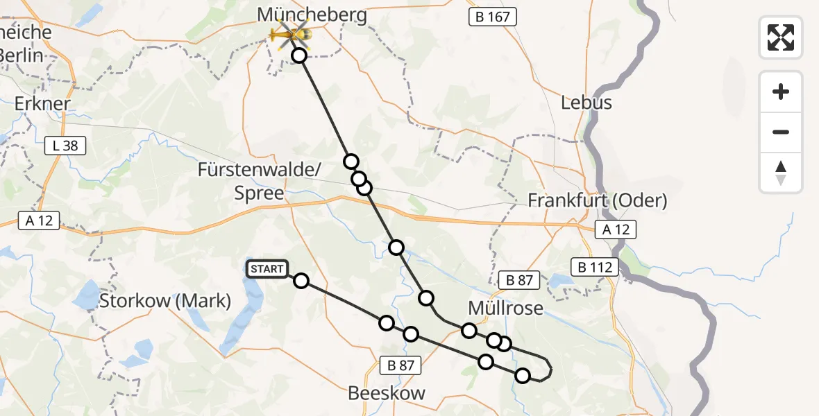 Flugroute Rettungshubschrauber Bad Saarow - Müncheberg, 15 Oktober 2026, 09:23