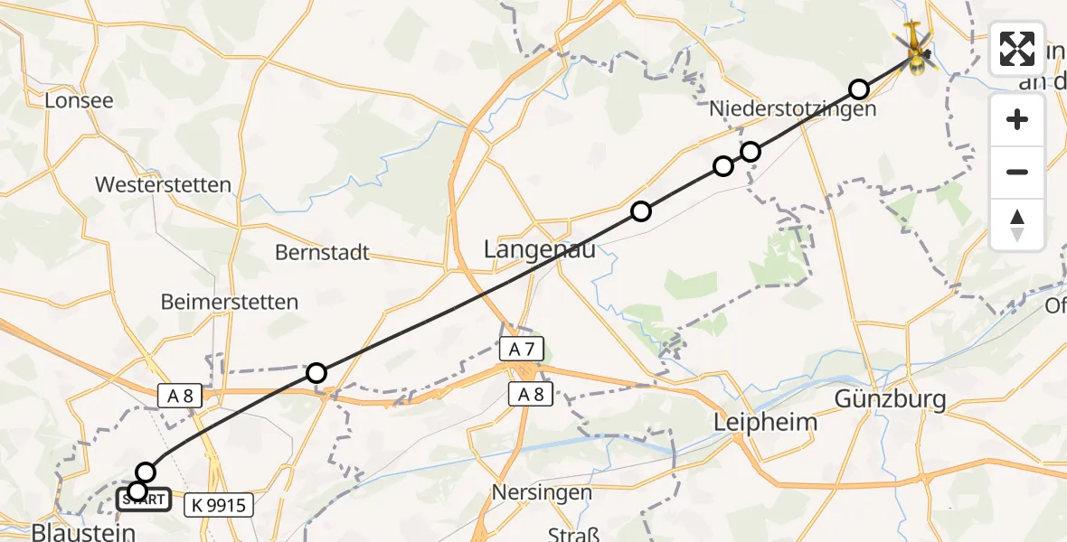 Flugroute Rettungshubschrauber Ulm Military Hospital Emergency - Sontheim an der Brenz, 15 Oktober 2026, 09:31