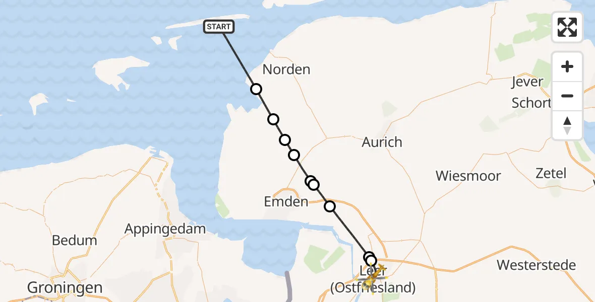 Flugroute Ambulanzhubschrauber Noordzee - Leer (Ostfriesland), 15 Oktober 2026, 09:34