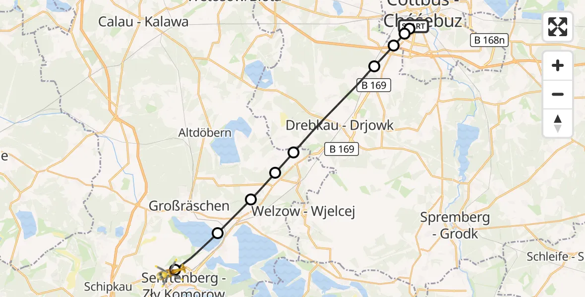 Flugroute Ambulanzhubschrauber Carl Thien Hospital Cottbus - ADAC Luftrettungsstation Senftenberg Hubschrauberlandeplatz, 15 Oktober 2026, 09:34