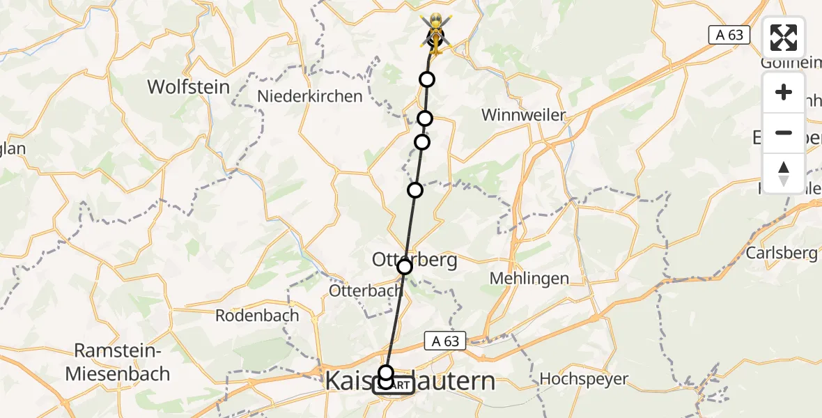 Flugroute Rettungshubschrauber Westpfalz Hospital Kaiserslautern - Rockenhausen, 15 Oktober 2026, 09:43