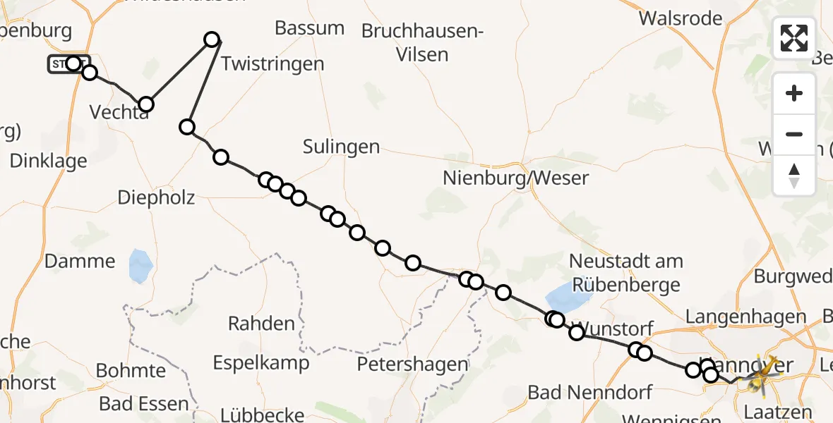 Flugroute Rettungshubschrauber Cappeln (Oldenburg) - Hannover, 15 Oktober 2026, 09:45