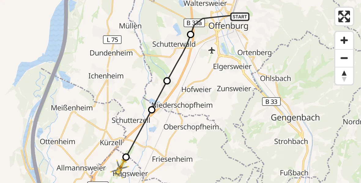 Flugroute Rettungshubschrauber Offenburg - Lahr Flughafen, 15 Oktober 2026, 09:47