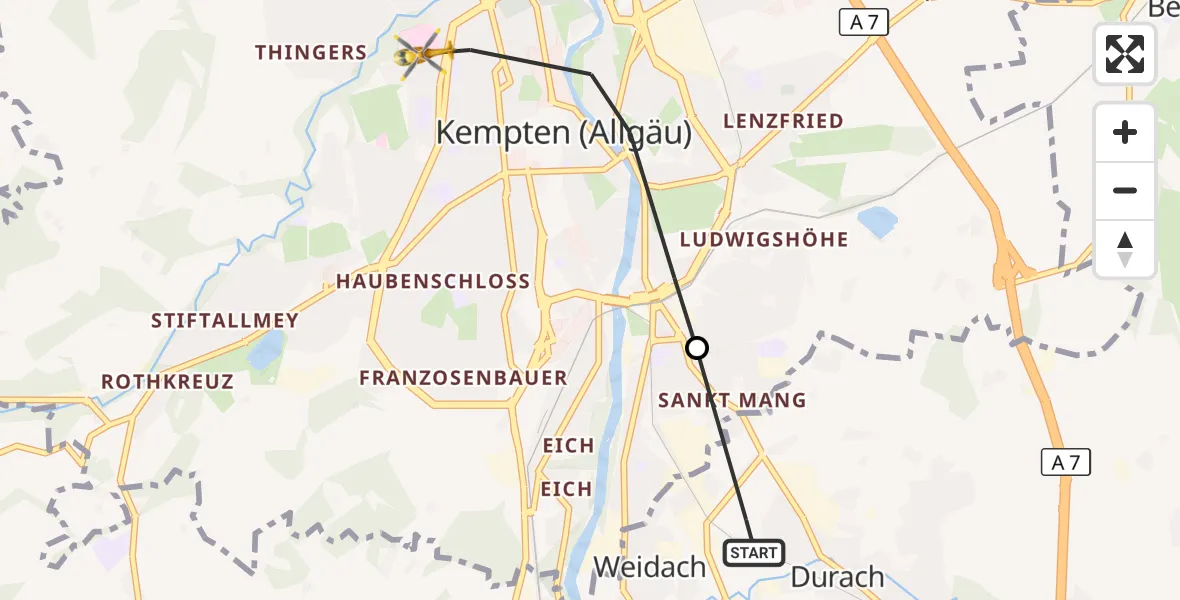 Flugroute Rettungshubschrauber Durach - Kempten (Allgäu), 15 Oktober 2026, 09:54