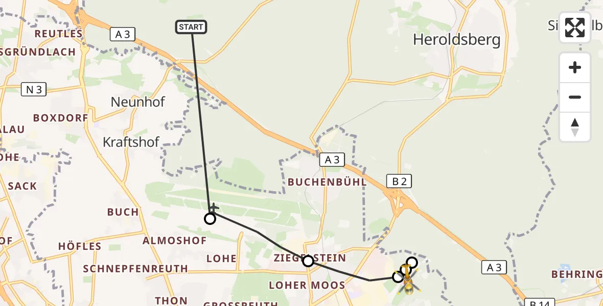 Flugroute Rettungshubschrauber Neunhofer Forst - Martha-Maria Nürnberg Hospital, 15 Oktober 2026, 09:57