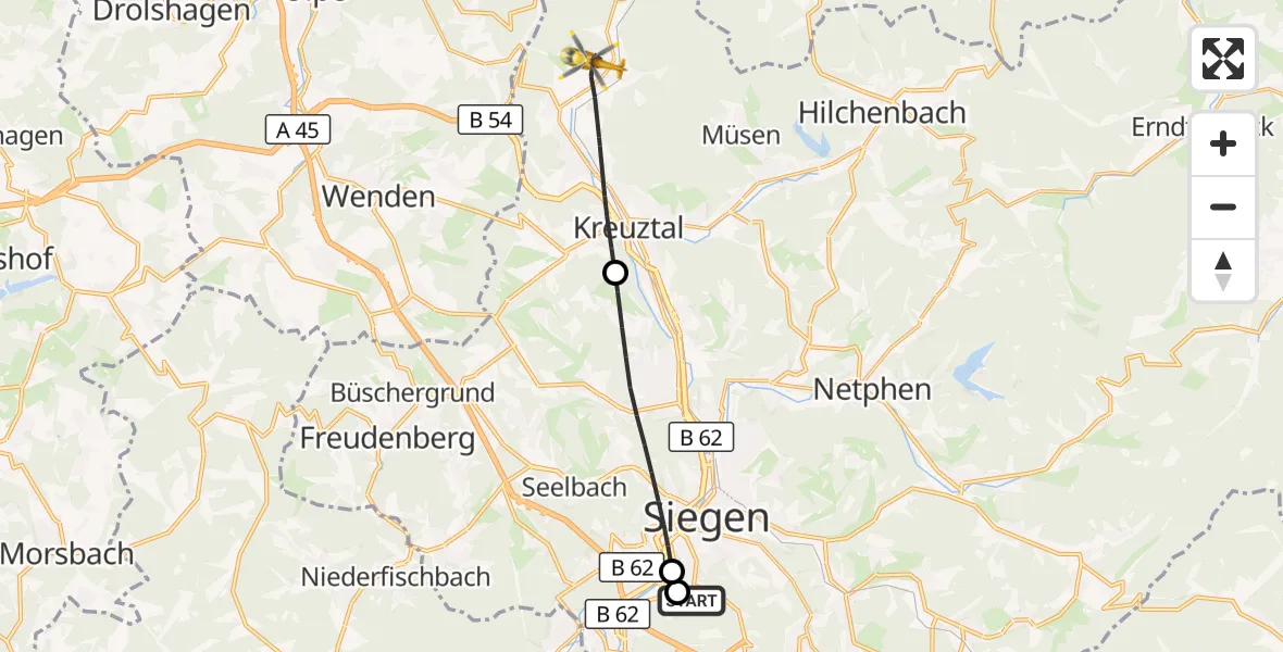 Flugroute Rettungshubschrauber Evangelisches Jung-Stilling Hospital - Kreuztal, 15 Oktober 2026, 10:05