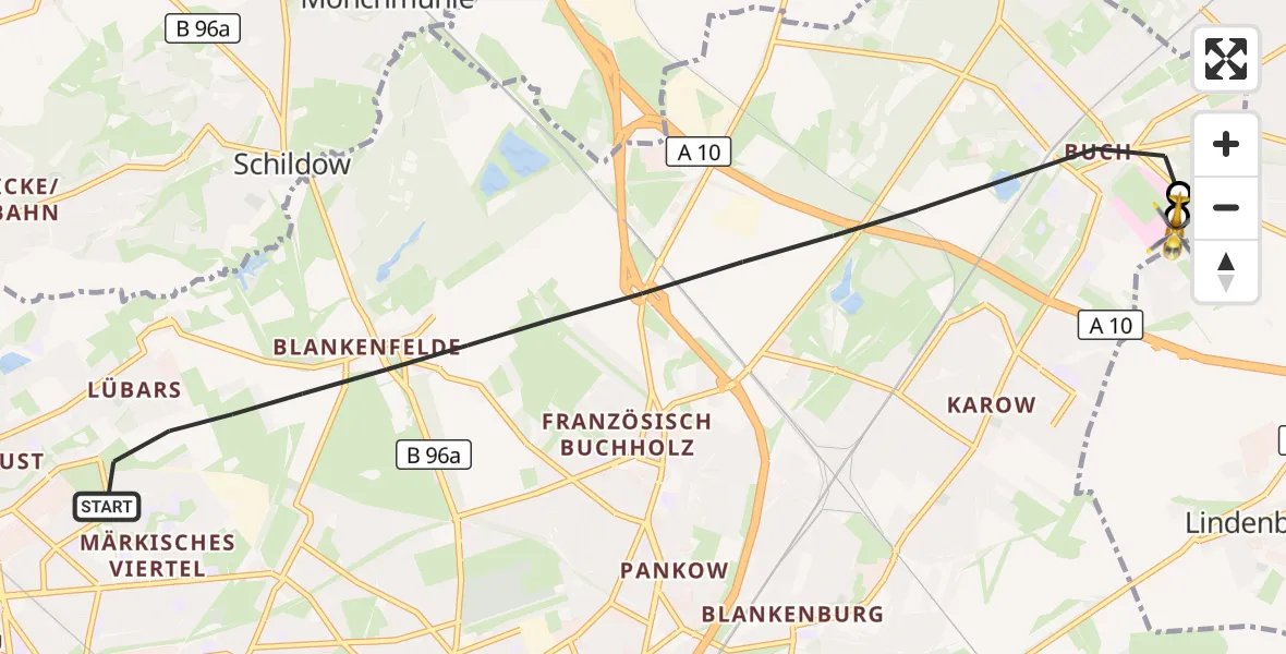 Flugroute Rettungshubschrauber Berlin - Helios Clinic Berlin-Buch, 15 Oktober 2026, 10:13