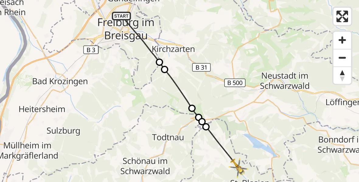 Flugroute Ambulanzhubschrauber Freiburg im Breisgau - St. Blasien, 15 Oktober 2026, 10:26