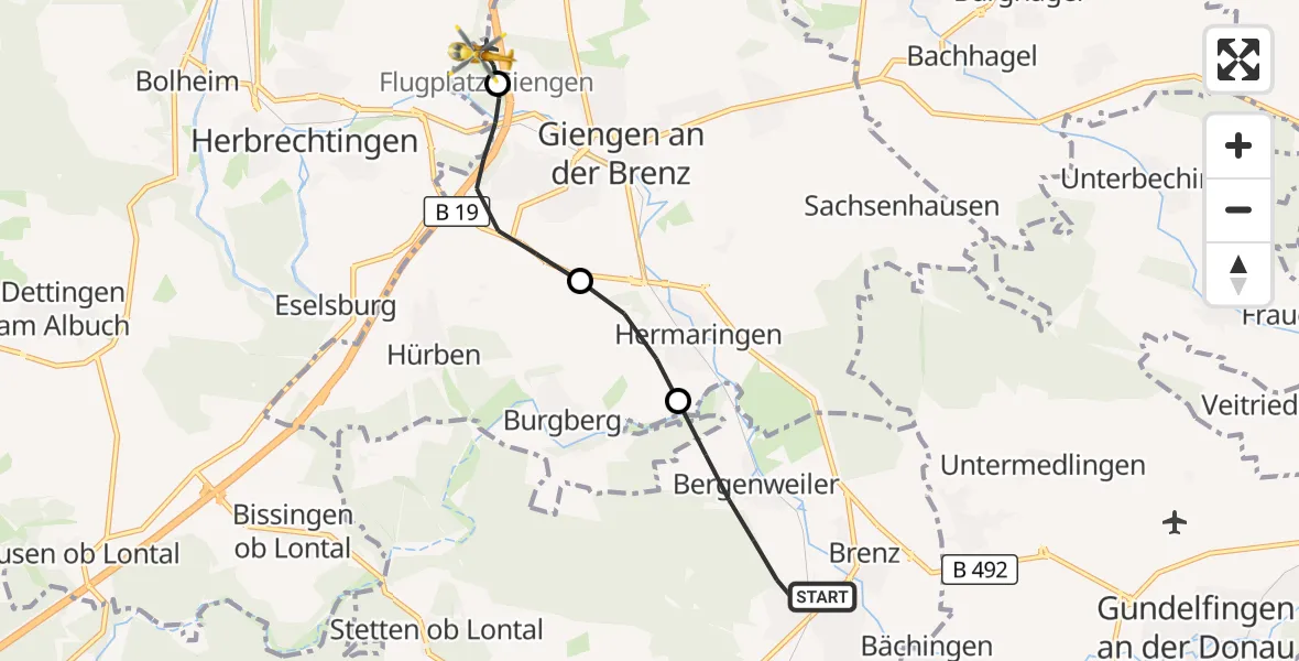 Flugroute Rettungshubschrauber Sontheim an der Brenz - Giengen/Brenz Flugplatz, 15 Oktober 2026, 10:27