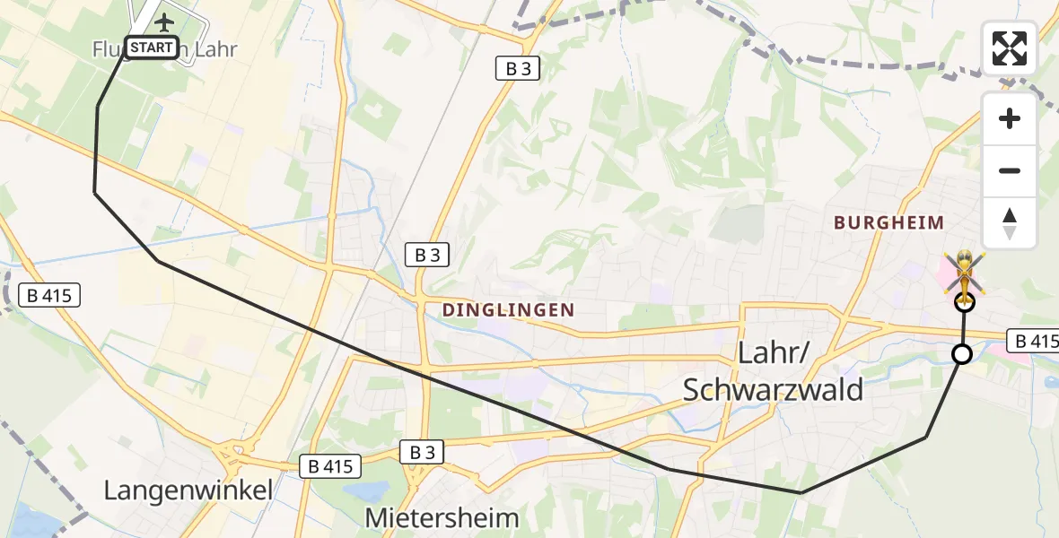 Flugroute Rettungshubschrauber Lahr/Schwarzwald - Ortenau Hospital Lahr-Ettenheim, 15 Oktober 2026, 10:29