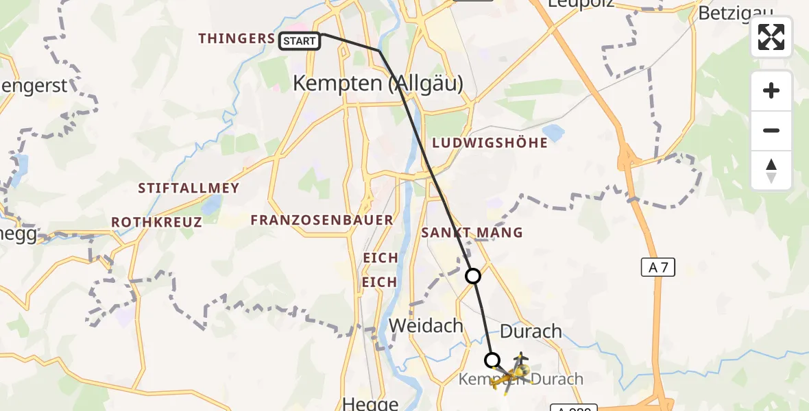 Flugroute Rettungshubschrauber Kempten (Allgäu) - Kempten-Durach Flugplatz, 15 Oktober 2026, 10:41