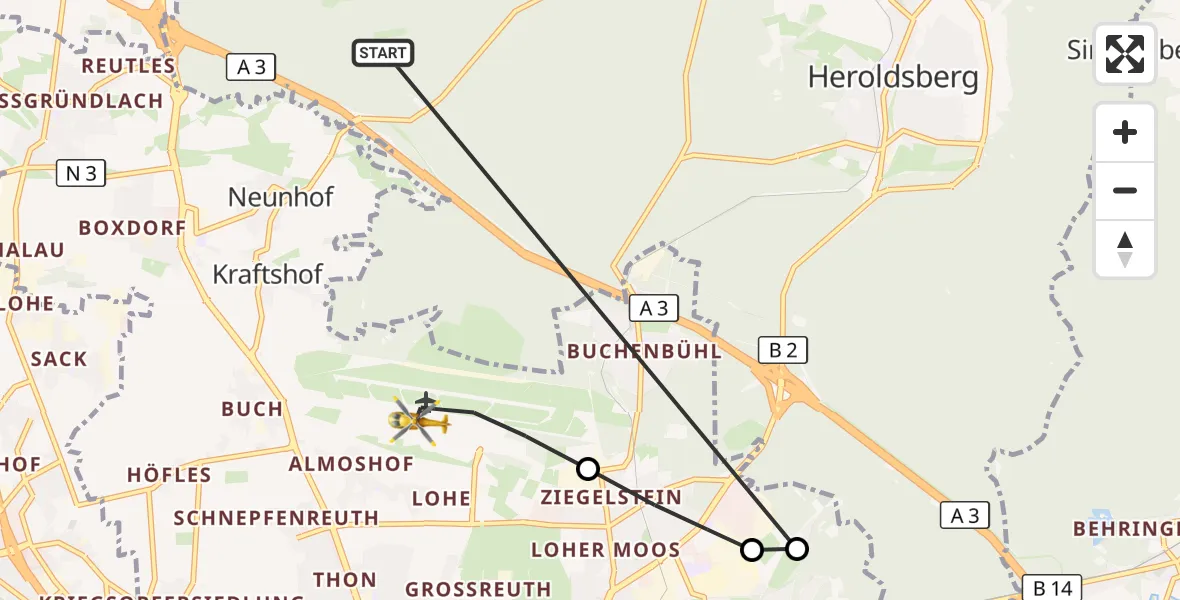 Flugroute Rettungshubschrauber Neunhofer Forst - Flughafen Nuremberg, 15 Oktober 2026, 10:43