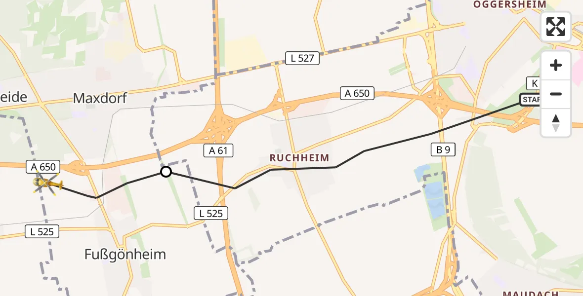 Flugroute Rettungshubschrauber Ludwigshafen am Rhein - Fußgönheim, 15 Oktober 2026, 10:44