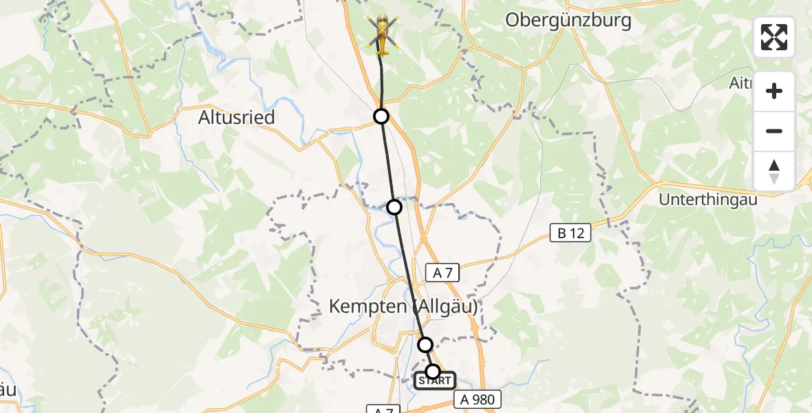 Flugroute Rettungshubschrauber Kempten-Durach Flugplatz - Dietmannsried, 15 Oktober 2026, 10:53