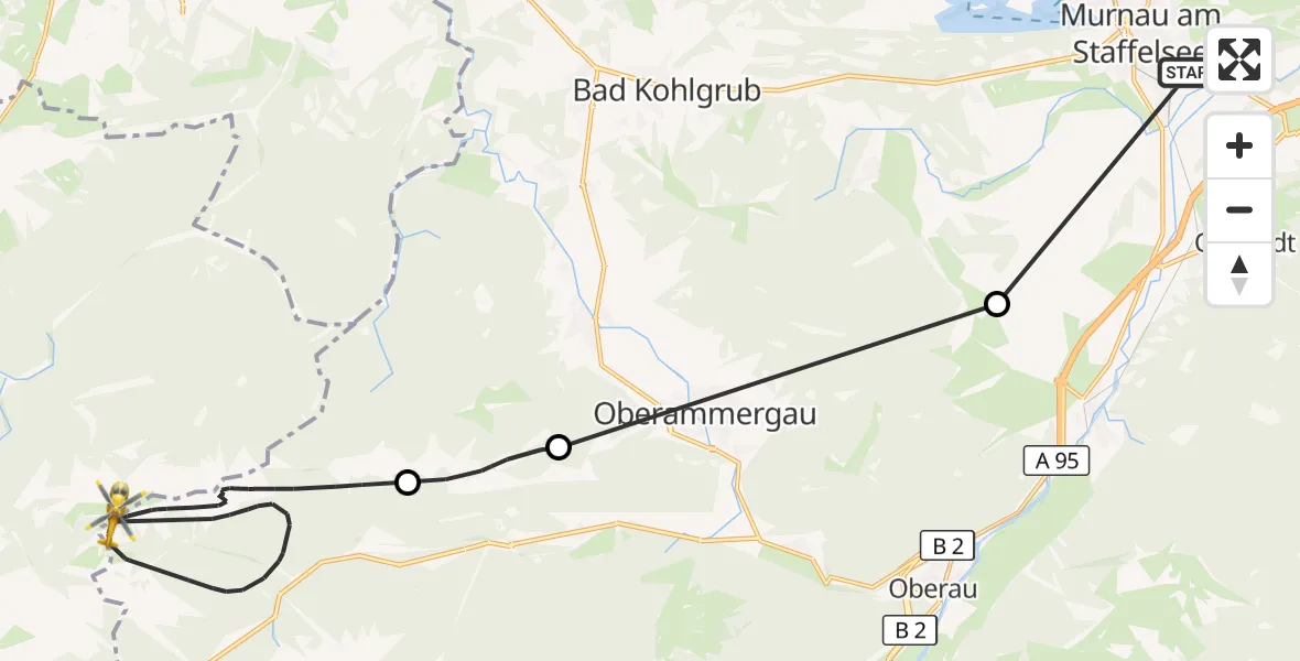 Flugroute Rettungshubschrauber Murnau Accident Hospital - Halblech, 15 Oktober 2026, 10:56