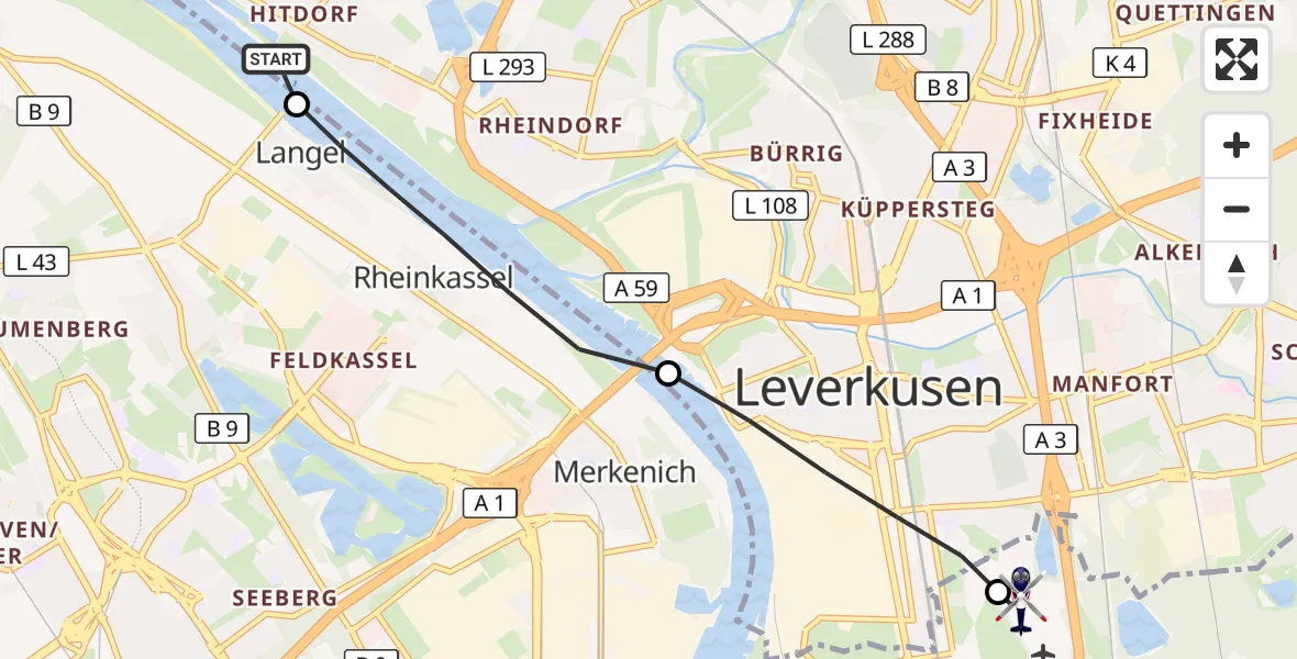 Flugroute Polizeihubschrauber Leverkusen - Leverkusen Flugplatz, 15 Oktober 2026, 11:00