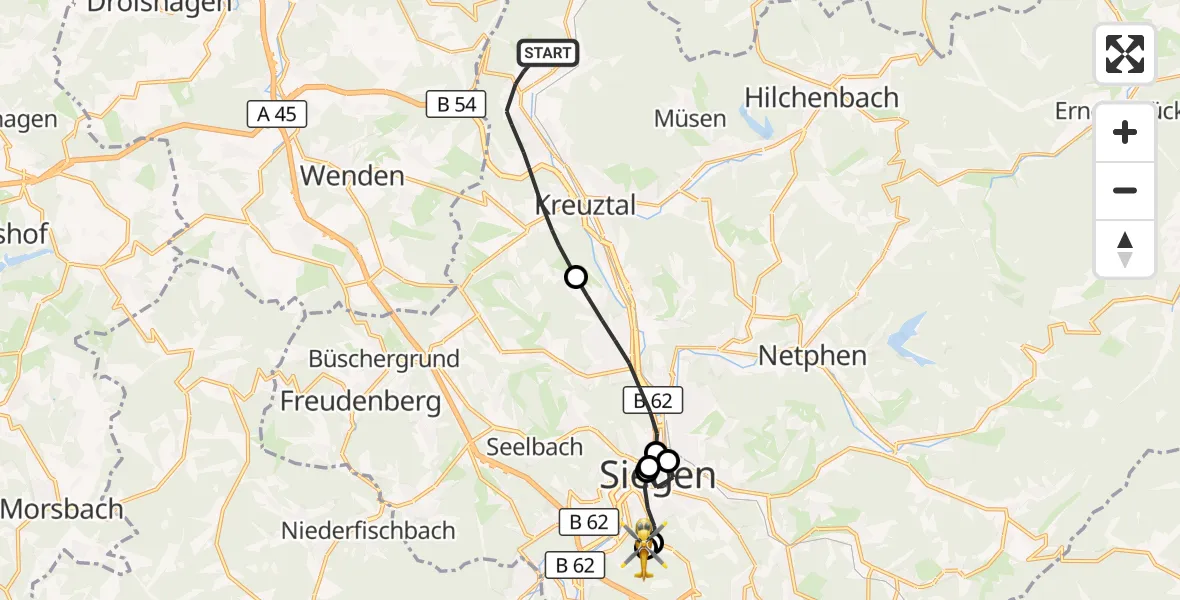 Flugroute Rettungshubschrauber Kreuztal - Evangelisches Jung-Stilling Hospital, 15 Oktober 2026, 11:05