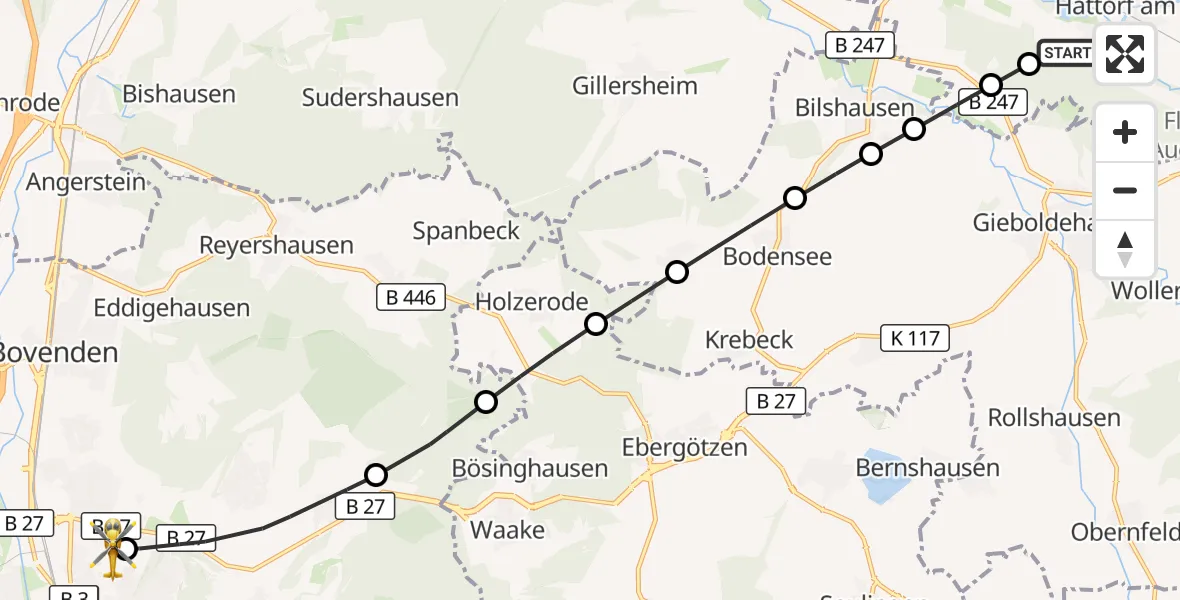 Flugroute Rettungshubschrauber Hattorf am Harz - Göttingen University Clinic Hubschrauberlandeplatz, 15 Oktober 2026, 11:05