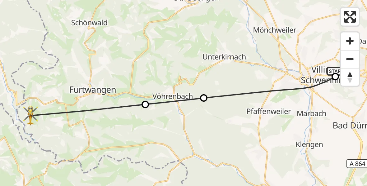 Flugroute Ambulanzhubschrauber DRF Air Rescue Station Villingen-Schwenningen Hubschrauberlandeplatz (Christoph 11) - Gütenbach, 15 Oktober 2026, 11:12