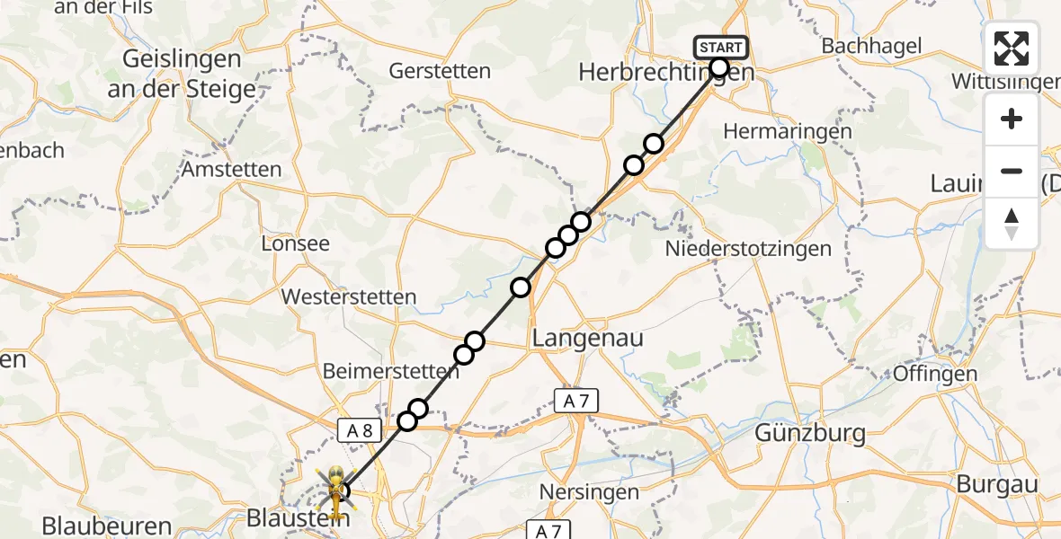 Flugroute Rettungshubschrauber Giengen/Brenz Flugplatz - ADAC Air Rescue Station Ulm (Christoph 22), 15 Oktober 2026, 11:16