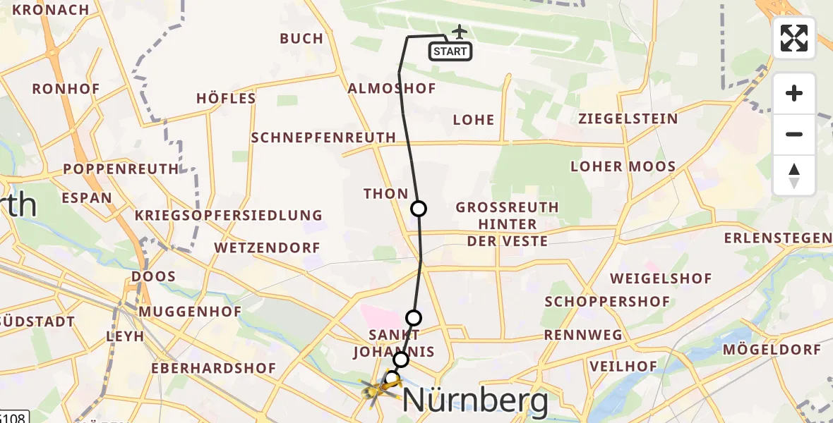 Flugroute Ambulanzhubschrauber Flughafen Nuremberg - Deutschherrnwiese Hubschrauberlandeplatz, 15 Oktober 2026, 11:16