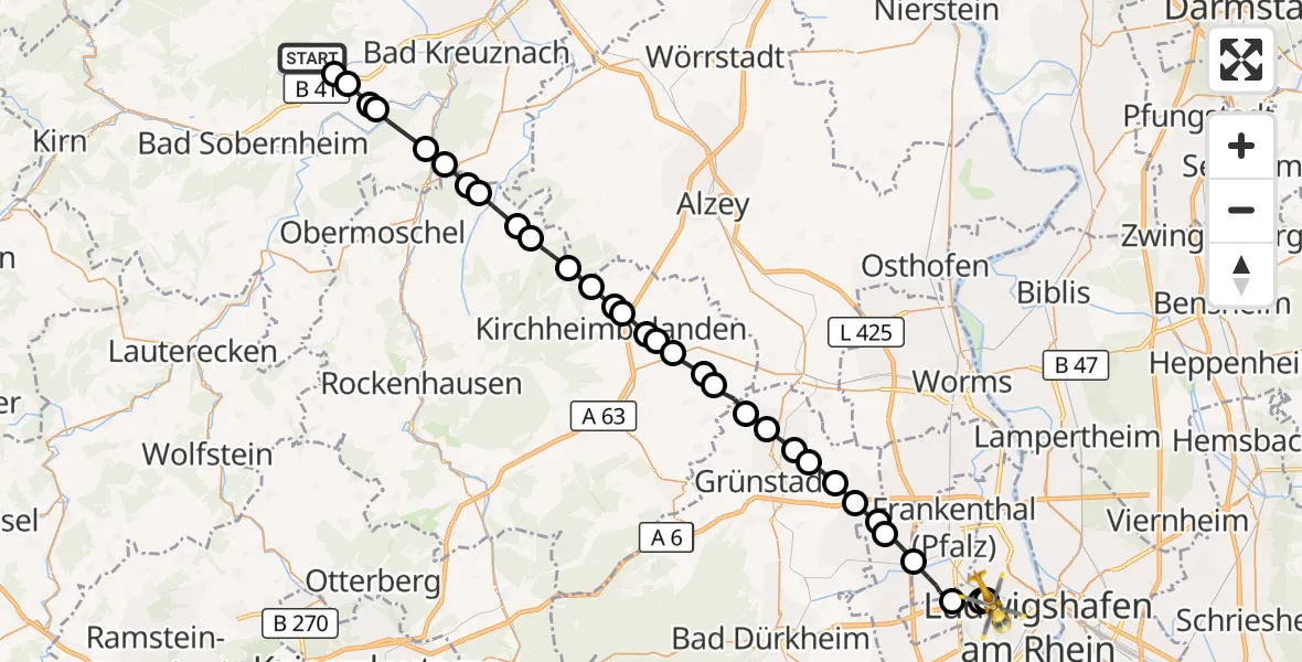 Flugroute Ambulanzhubschrauber Sponheim - Ludwigshafen Accident Hospital, 15 Oktober 2026, 11:19