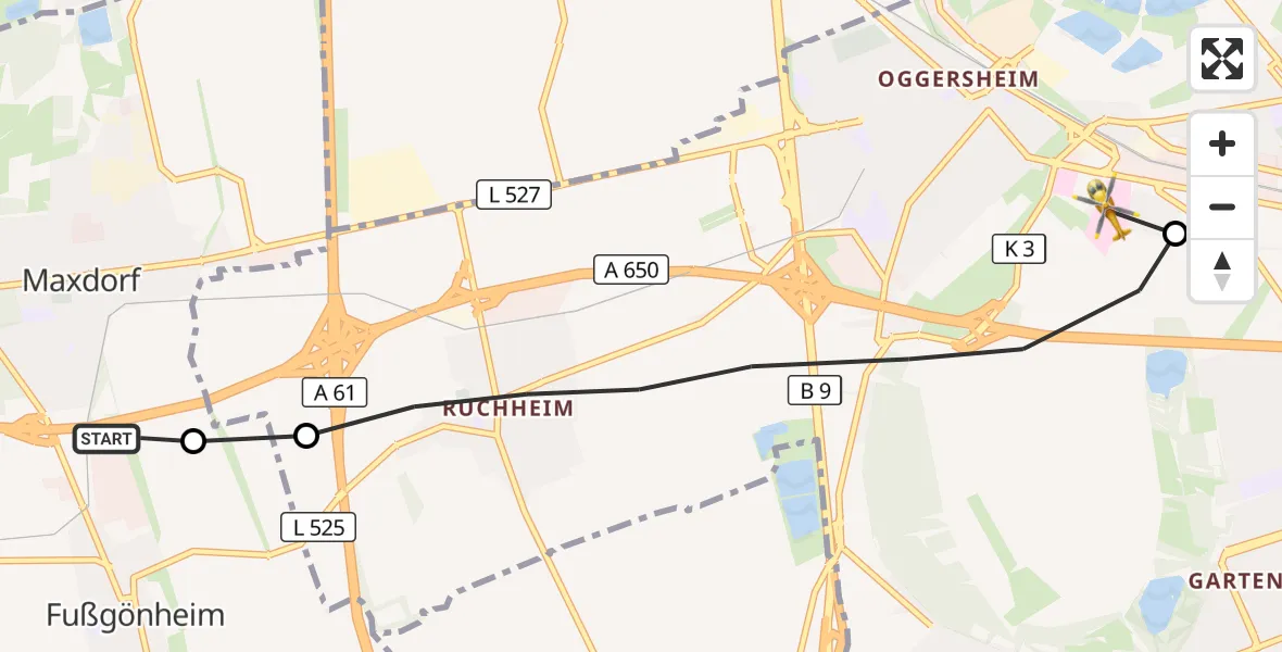 Flugroute Rettungshubschrauber Maxdorf - Ludwigshafen Accident Hospital, 15 Oktober 2026, 11:20