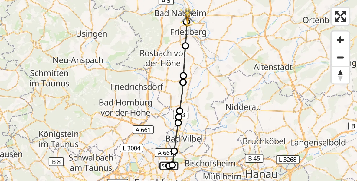 Flugroute Rettungshubschrauber Frankfurt am Main Accident Hospital Roof Helipad (CHX2) - Bad Nauheim, 15 Oktober 2026, 11:23