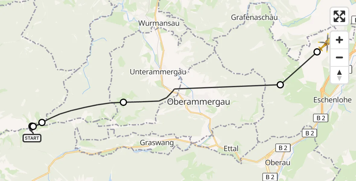 Flugroute Rettungshubschrauber Ettaler Forst - Ohlstadt, 15 Oktober 2026, 11:24