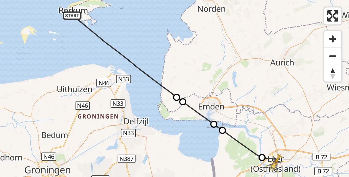 Flugroute Ambulanzhubschrauber Noordzee - Leer (Ostfriesland), 15 Oktober 2026, 11:26
