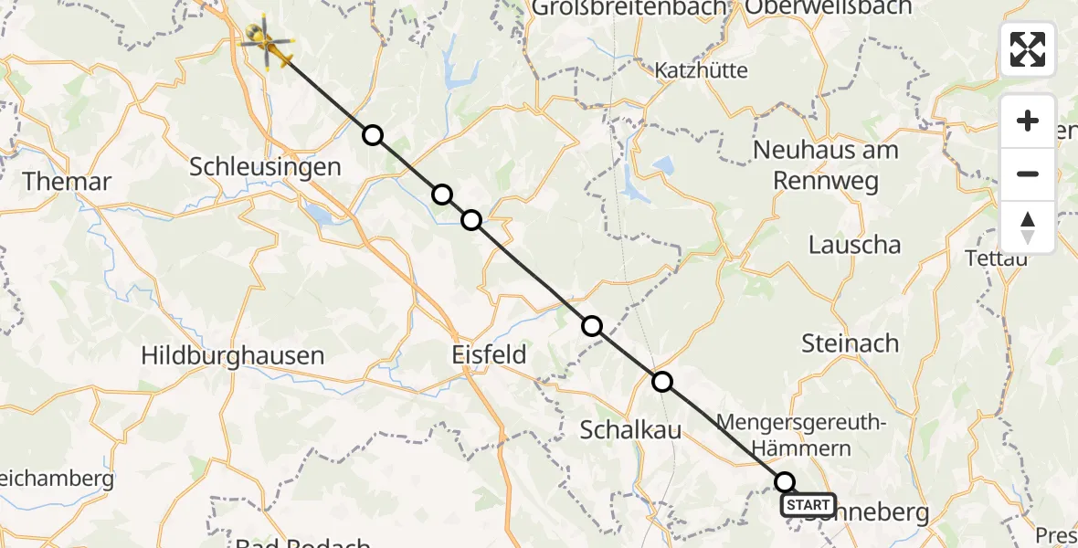 Flugroute Rettungshubschrauber Sonneberg - Schleusingen, 15 Oktober 2026, 11:26