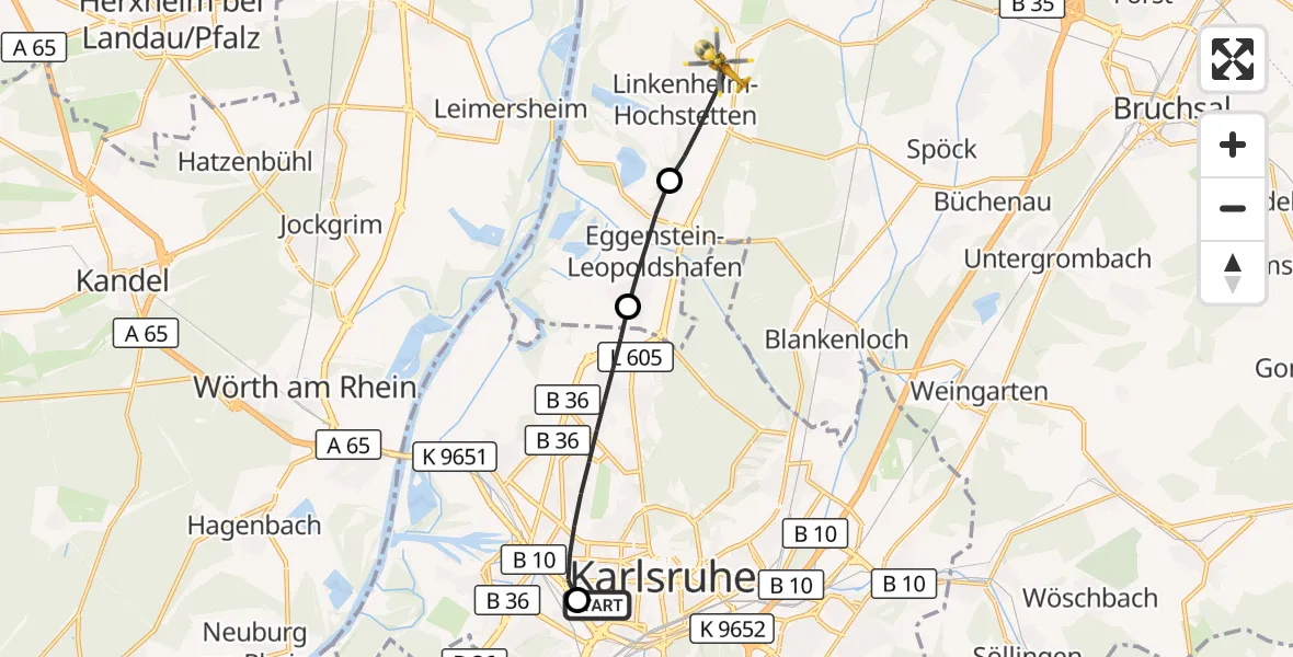 Flugroute Ambulanzhubschrauber Sankt Vincentius Hospital - Linkenheim-Hochstetten, 15 Oktober 2026, 11:26