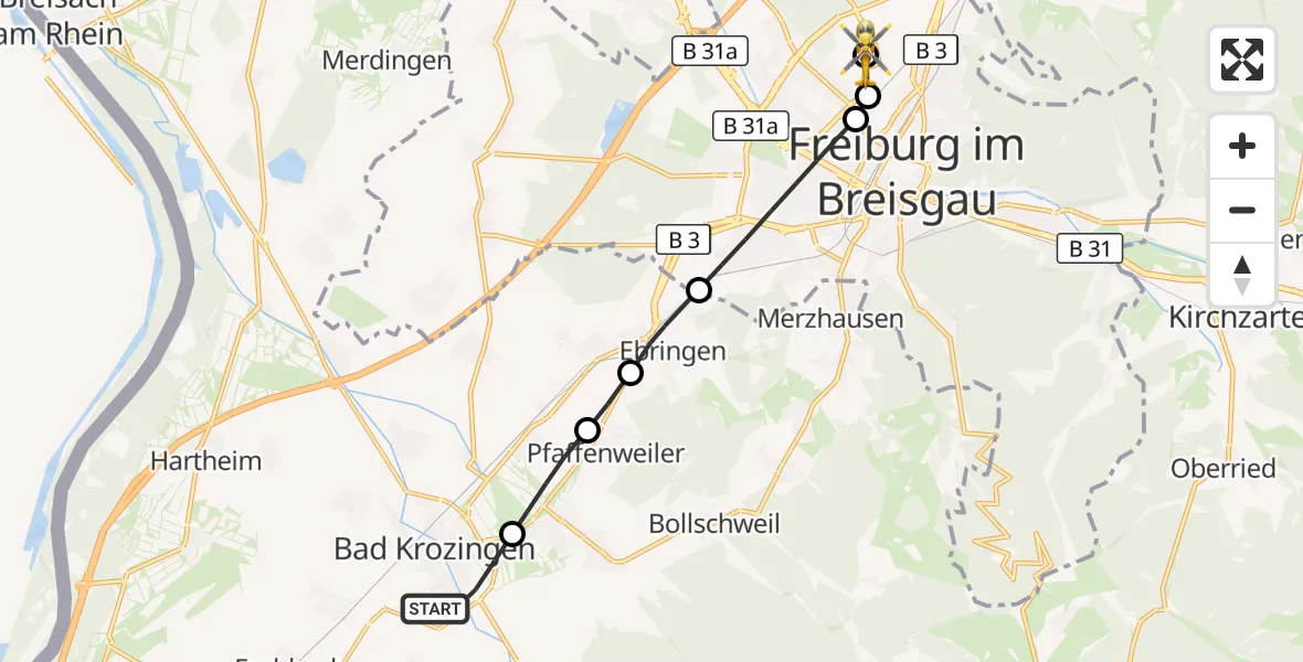 Flugroute Ambulanzhubschrauber Bad Krozingen - Freiburg im Breisgau Flugplatz, 15 Oktober 2026, 11:33