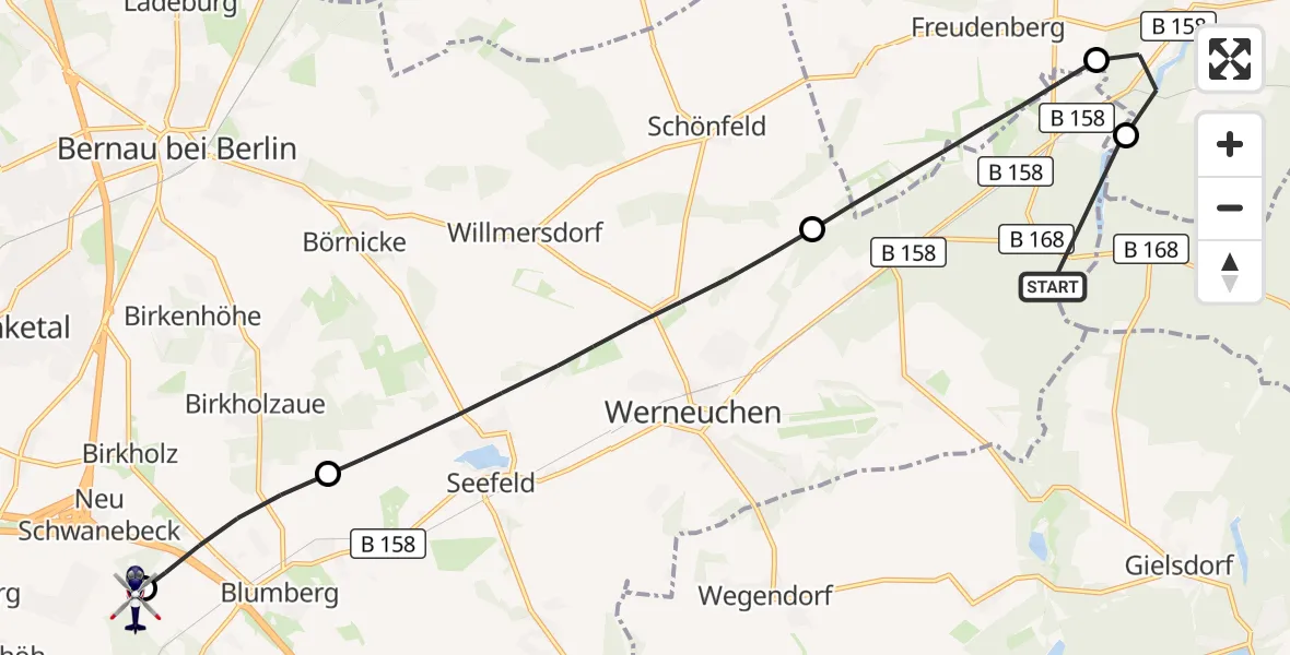 Flugroute Polizeihubschrauber Werneuchen - Ahrensfelde Hubschrauberlandeplatz, 15 Oktober 2026, 11:34