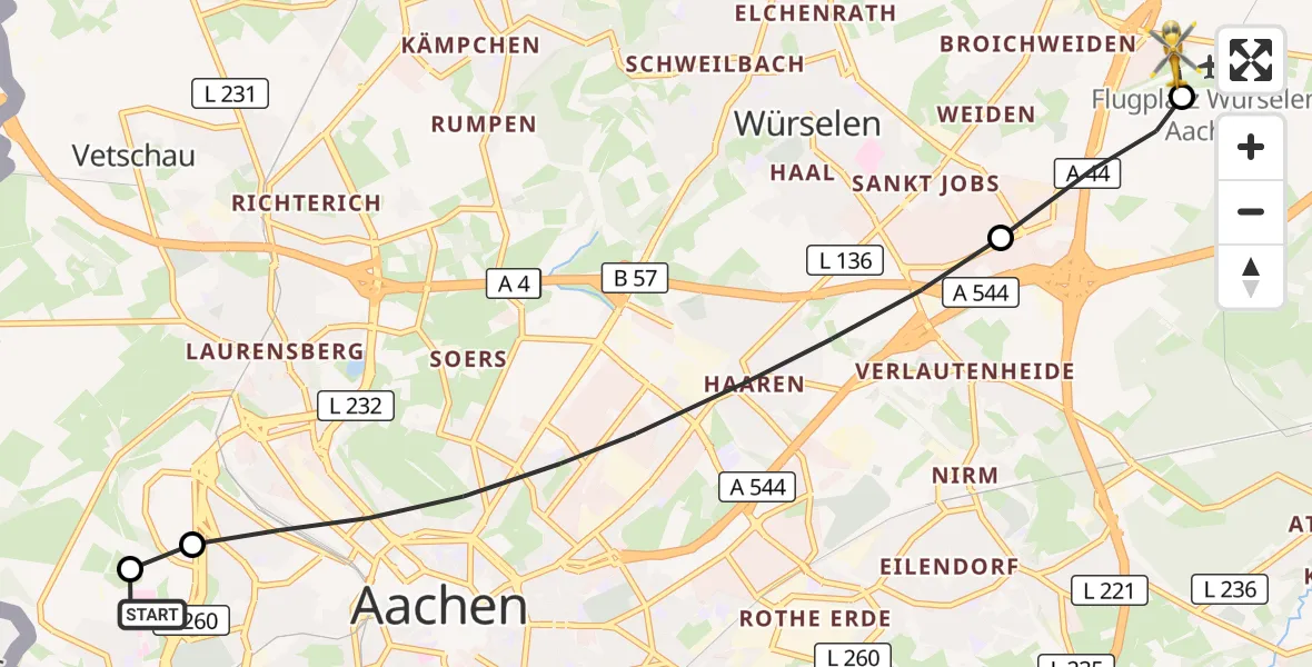 Flugroute Rettungshubschrauber Aachen Hospital - Aachen-Merzbrück Flughafen, 15 Oktober 2026, 11:34