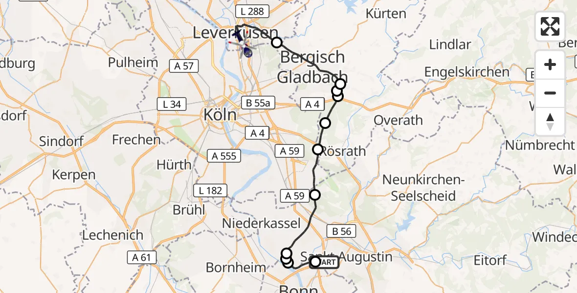 Flugroute Polizeihubschrauber Sankt Augustin - Leverkusen, 15 Oktober 2026, 11:34