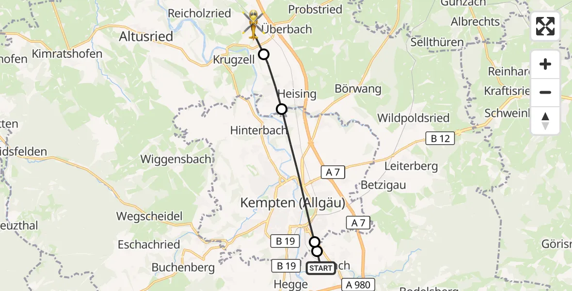 Flugroute Rettungshubschrauber Kempten-Durach Flugplatz - Dietmannsried, 15 Oktober 2026, 11:35